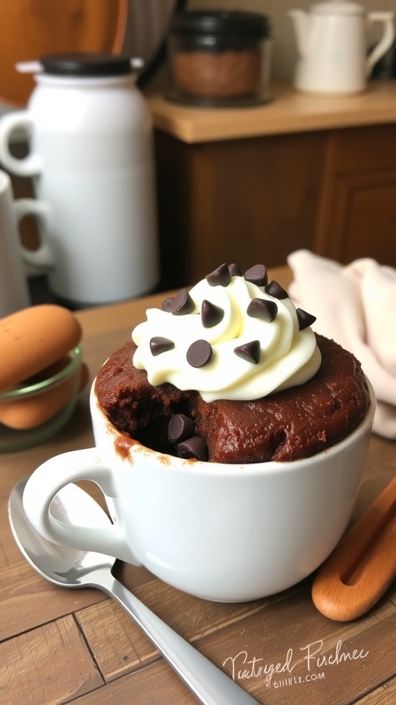 A chocolate mug cake topped with whipped cream and chocolate chips, ready to be enjoyed.